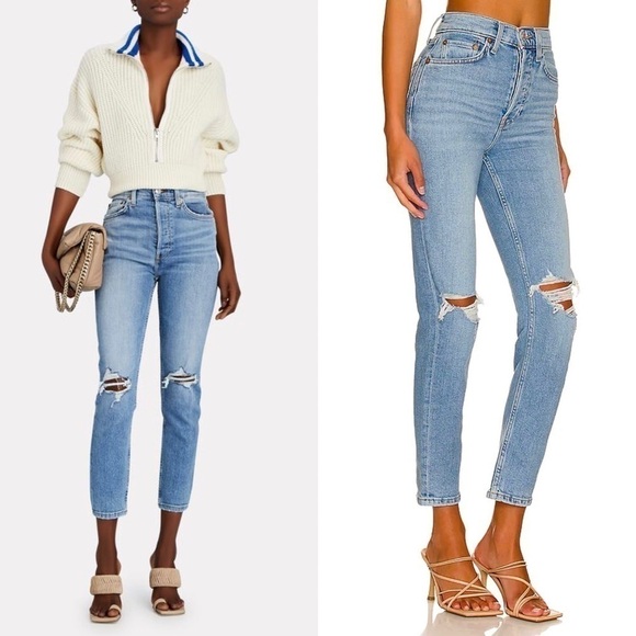 NWT RE/DONE 90s‎ High Waist Distressed Denim Ripped Knee Ankle Crop Jeans 26 - Picture 2 of 9